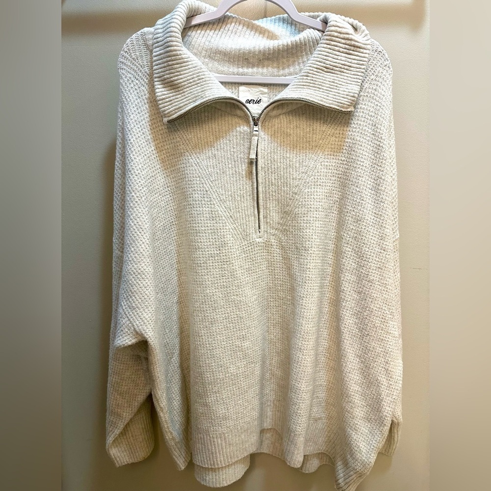 Aerie CozyUp Waffle Quarter Zip Sweater in Heather Gray Size XXL - Picture 3 of 11
